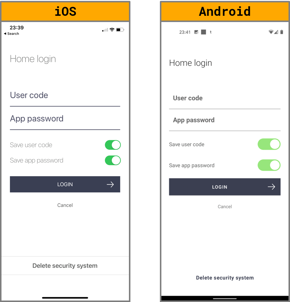 iOS and Android screenshots of login options