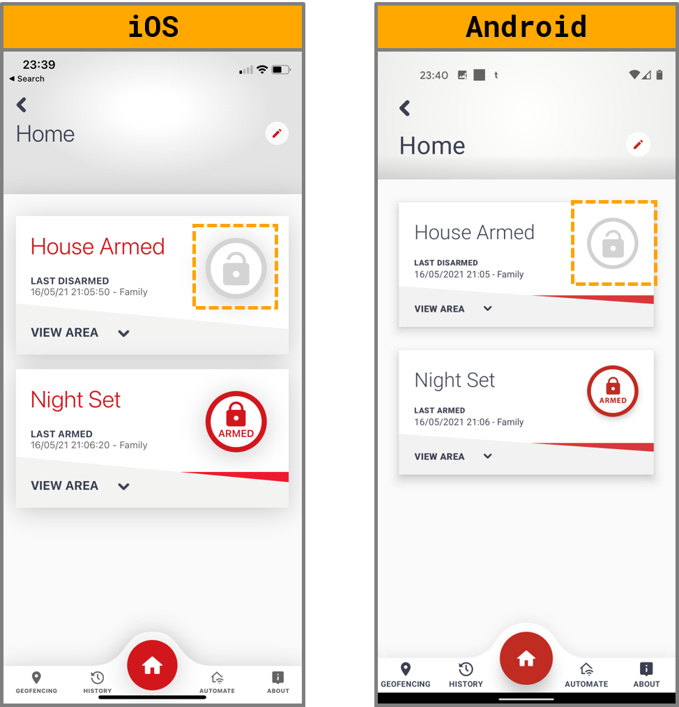 iOS and Android screenshots of alarm status