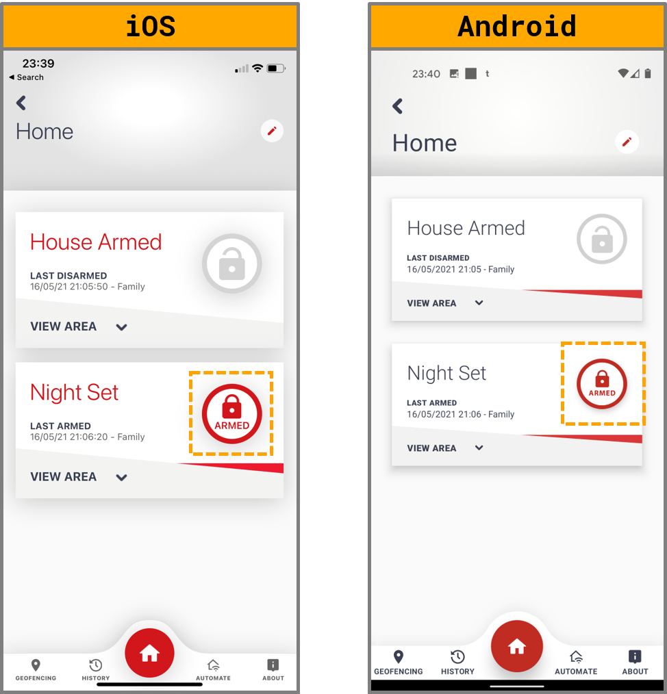 iOS and Android screenshots of alarm status, armed